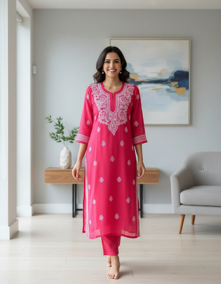 Red Georgette Chikankari Kurta