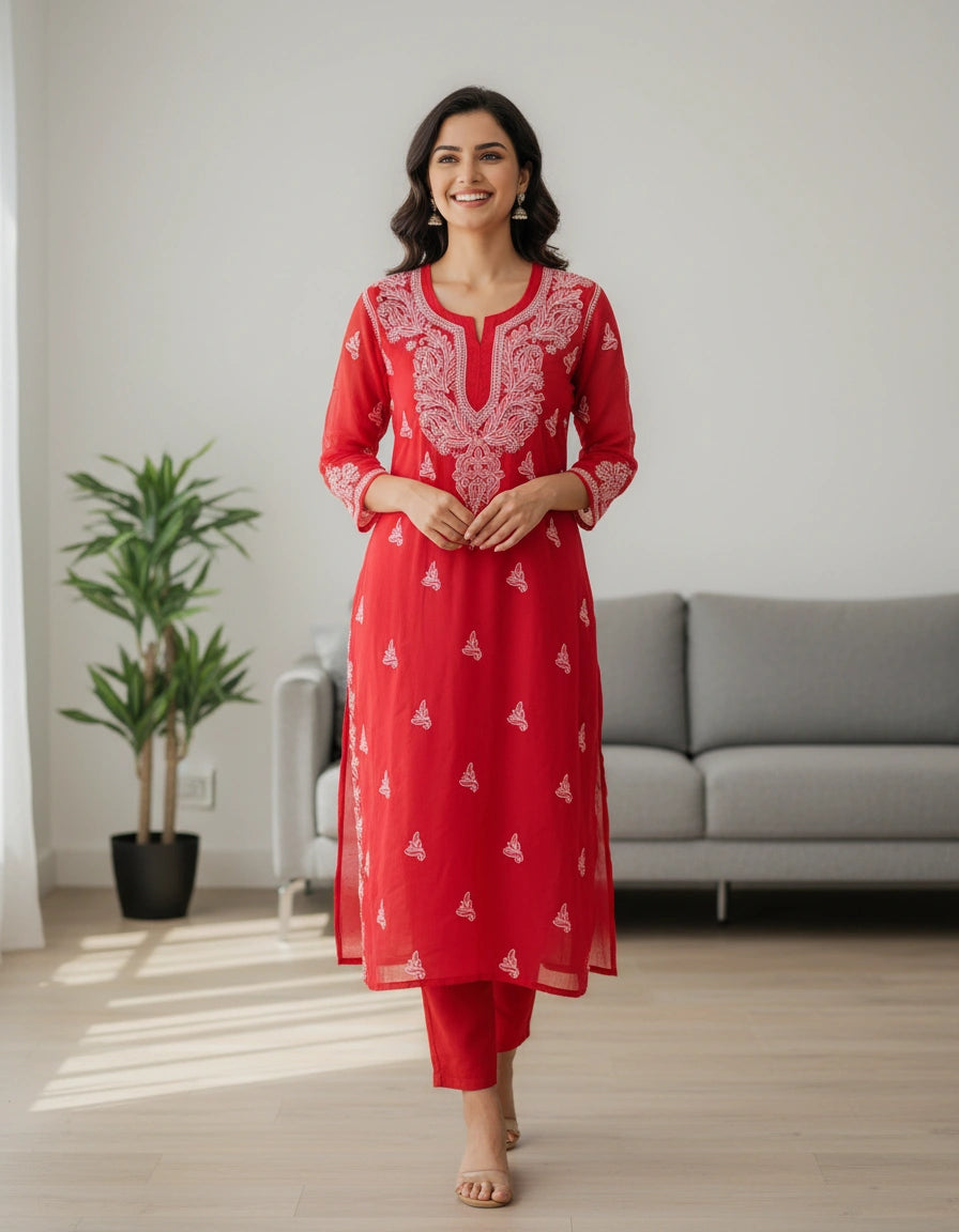 Red Georgette Chikankari Kurta