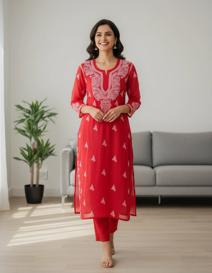 Red Georgette Chikankari Kurta
