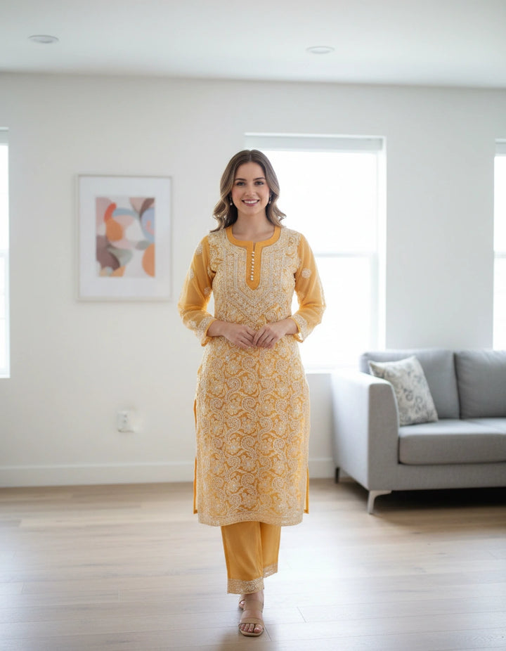 Mustard Georgette Chikankari Kurta