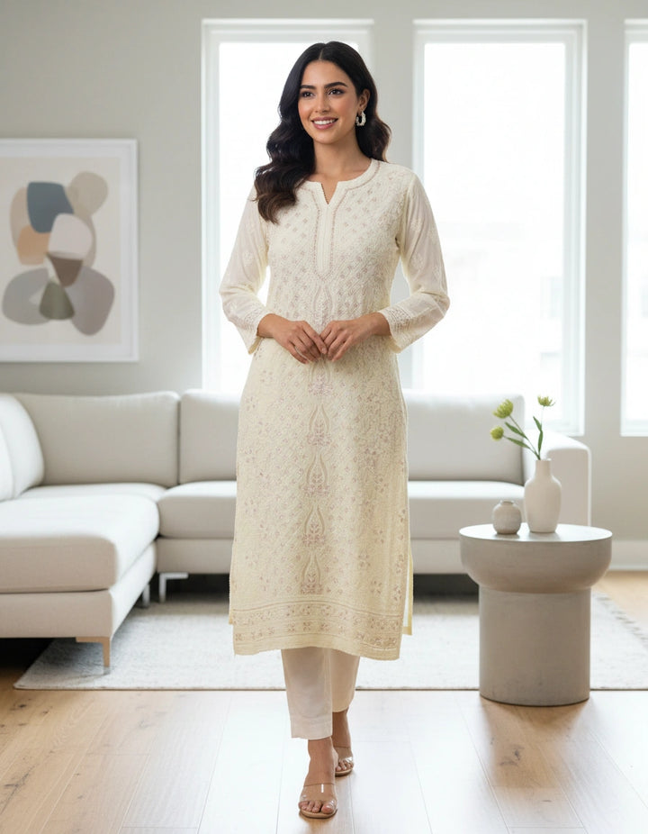 Lemon yellow Pure Georgette chikankari kurta