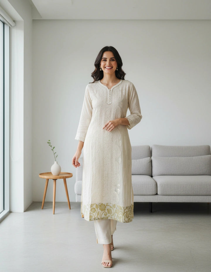 Beige Pure Georgette chikankari kurta