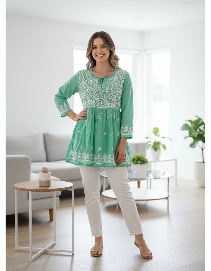 Sea Green Cotton chikankari  Short Kurta