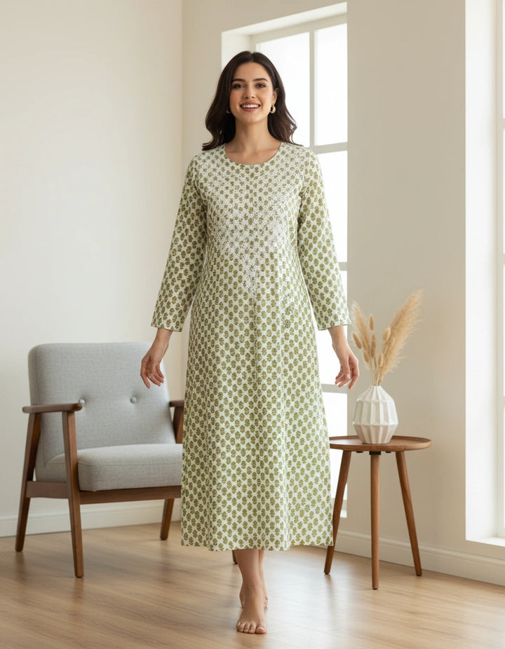 White and Green Printed Cotton Chikankari Kurta