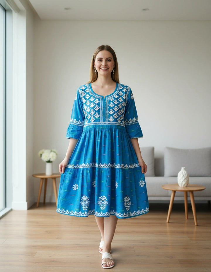 Blue Printed Cotton Chikankari Short kurta