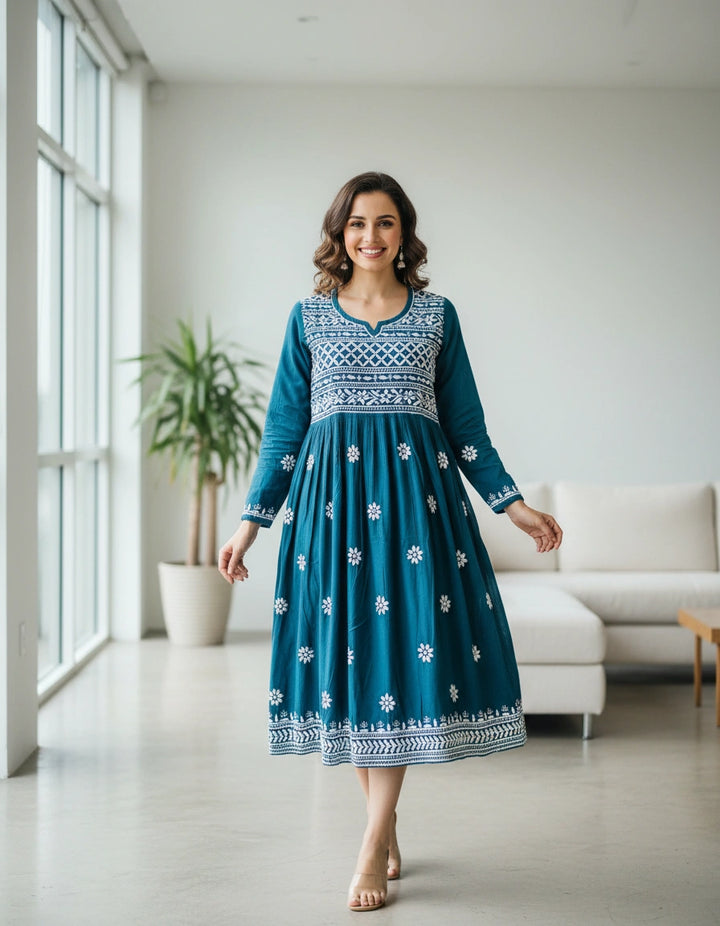 Peacock Blue Cotton Chikankari A-Line kurta