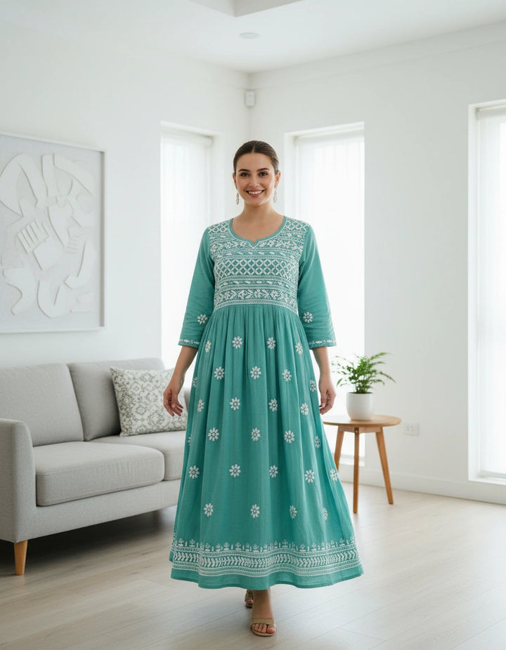 Sea Green Cotton Chikankari A-Line kurta