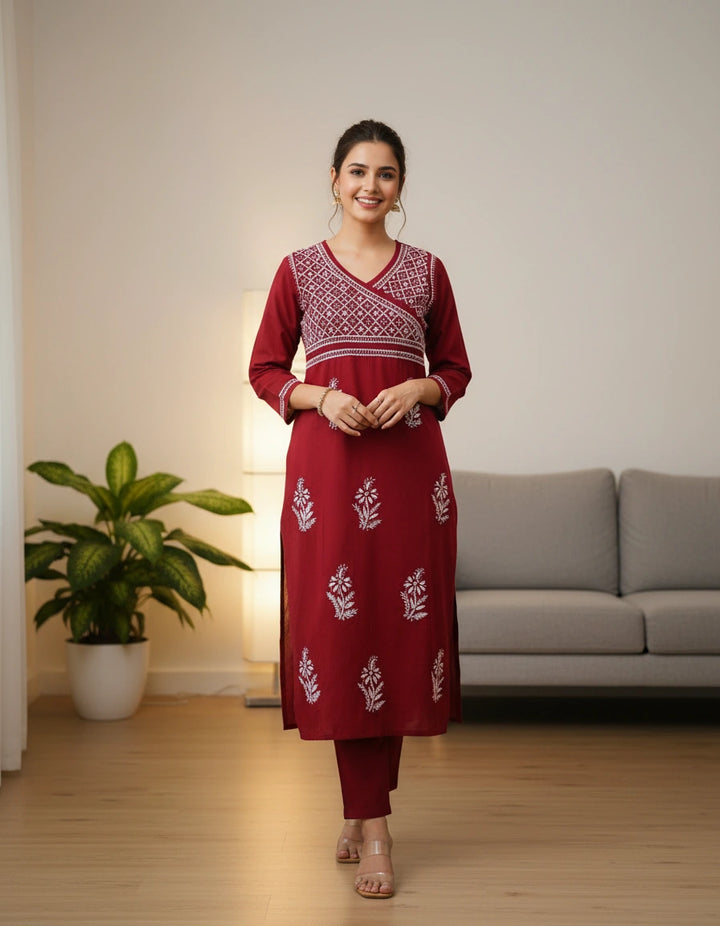 Maroon Cotton Chikankari kurta