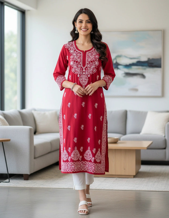 Maroon Georgette Chikankari Kurta