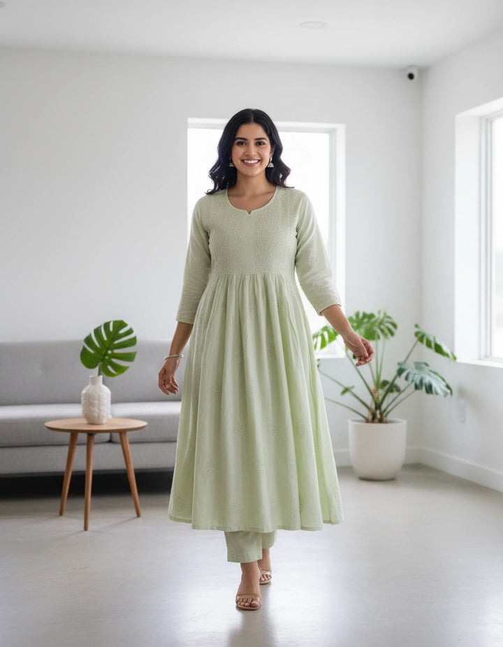 Lime green Chanderi Chikankari Suit Set
