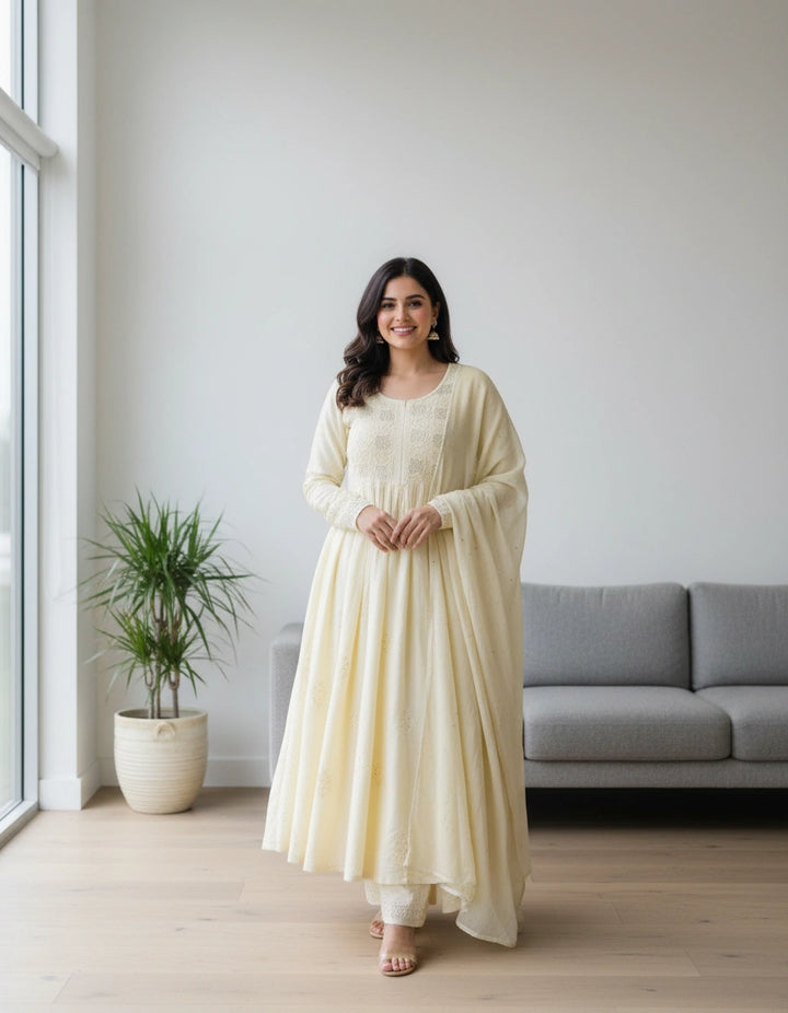 Light Yellow Chanderi Chikankari Suit Set