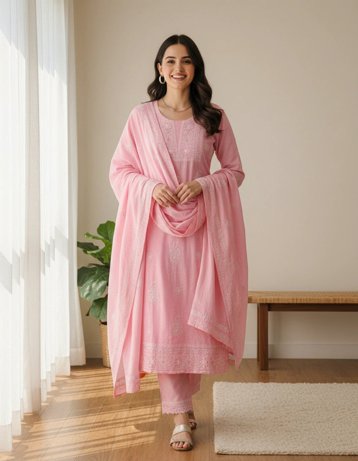 Baby Pink Chanderi Chikankari Suit Set-custom Made