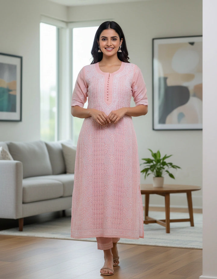 Peach Cotton Chikankari Kurta