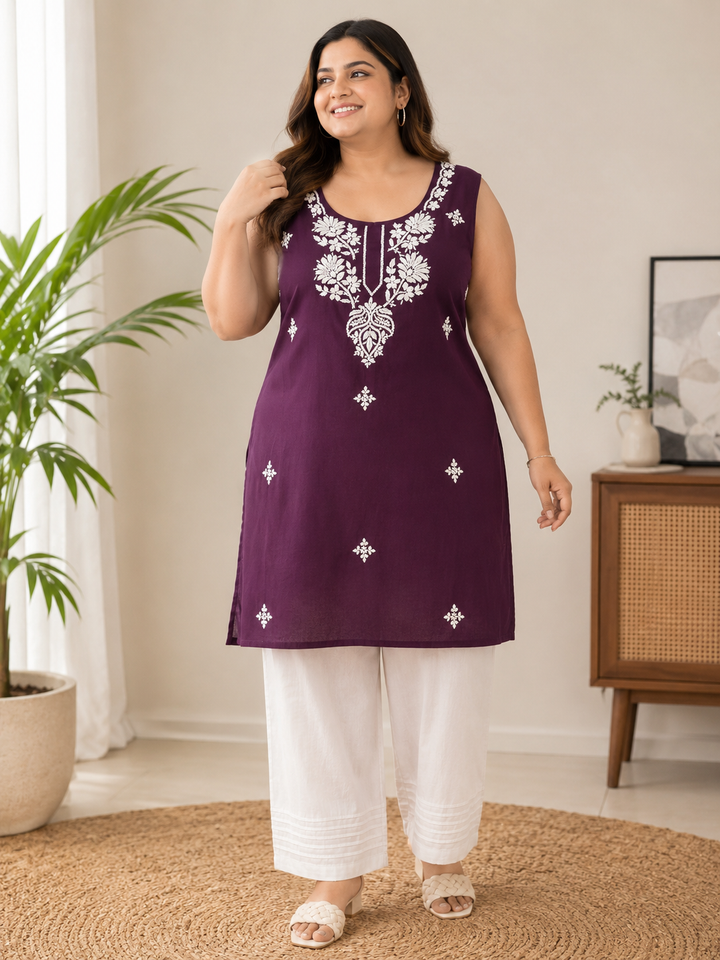 Wine Rayon Chikankari short kurta-Custom Made