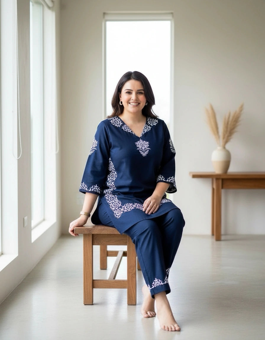 Navy Blue Chikankari Co-Ord Set -Custom Made