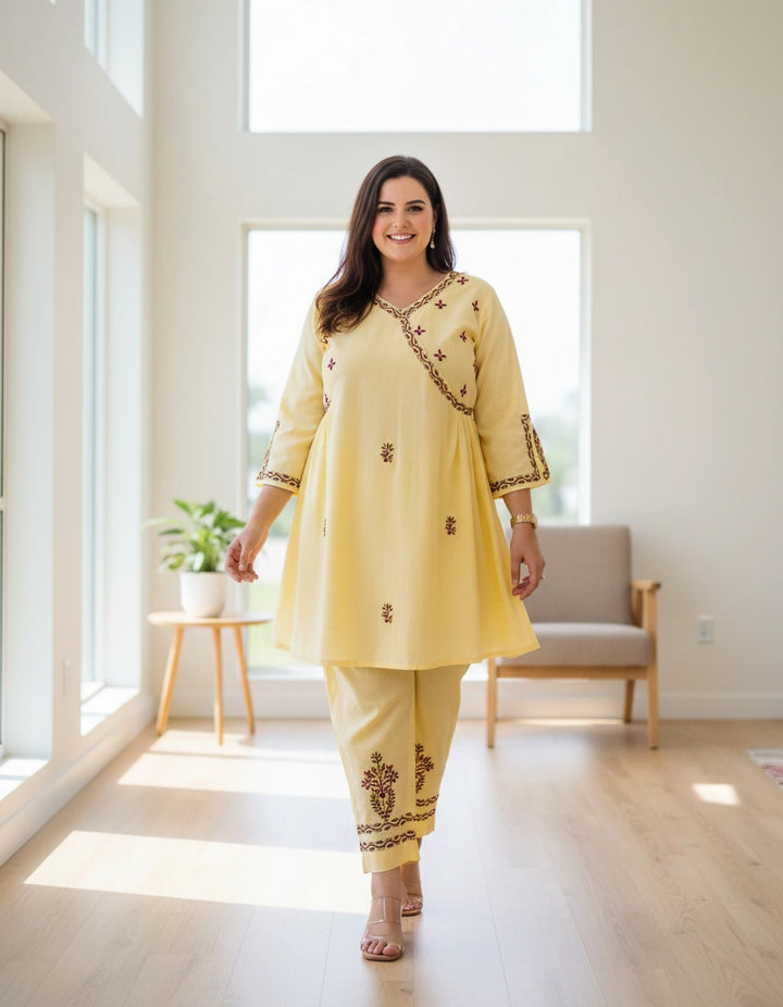 Light yellow Chikankari Co-Ord Set -Custom Made