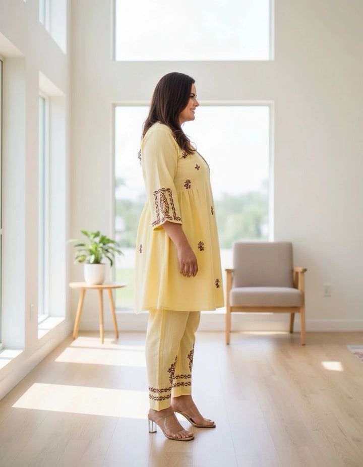 Light yellow Chikankari Co-Ord Set -Custom Made
