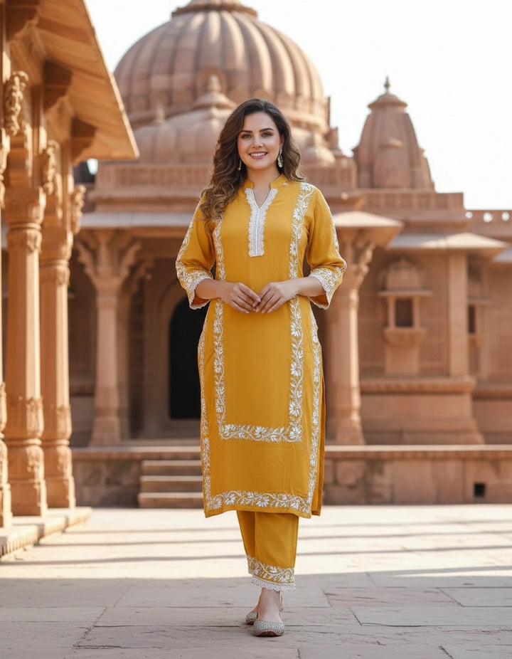 Mustard Reyon Chikankari Kurta