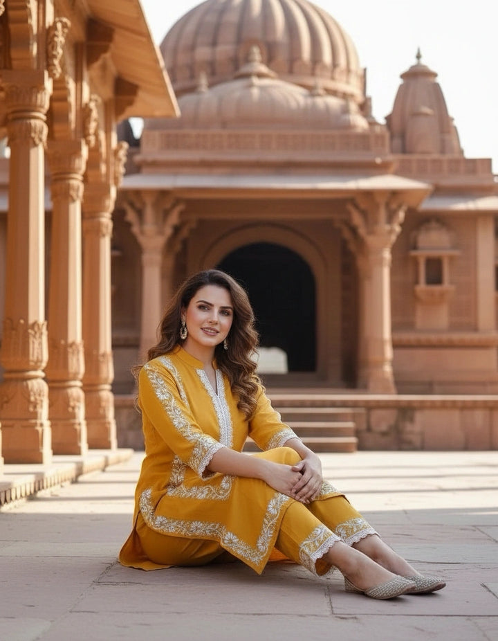 Mustard Reyon Chikankari Kurta