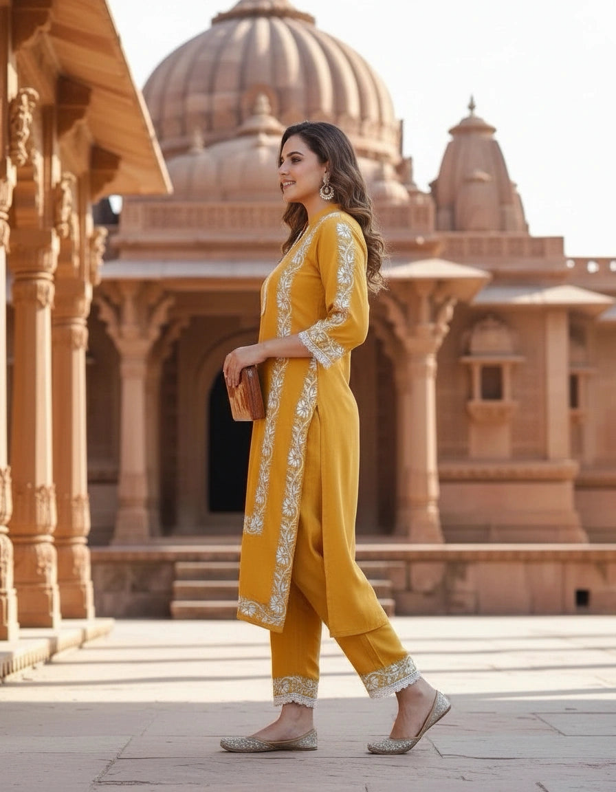 Mustard Reyon Chikankari Kurta