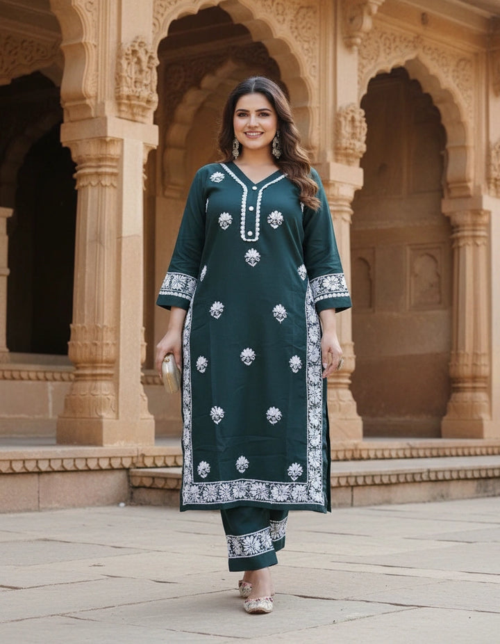 Dark Green Chikankari Co-ord set -Custom Made