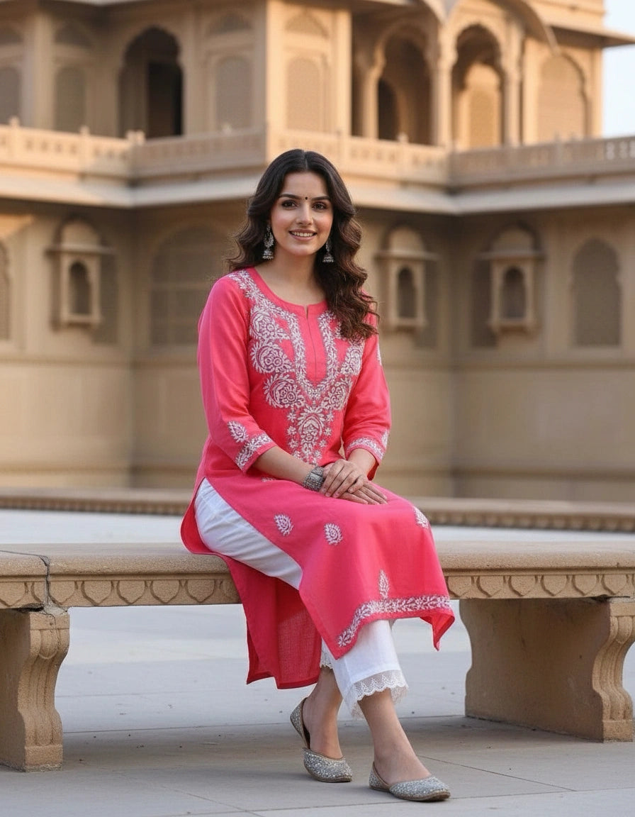 Peach Reyon  Chikankari Kurta
