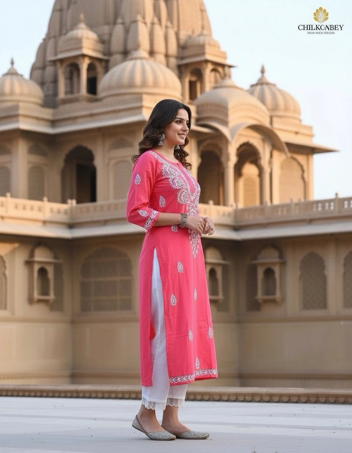 Peach Reyon  Chikankari Kurta
