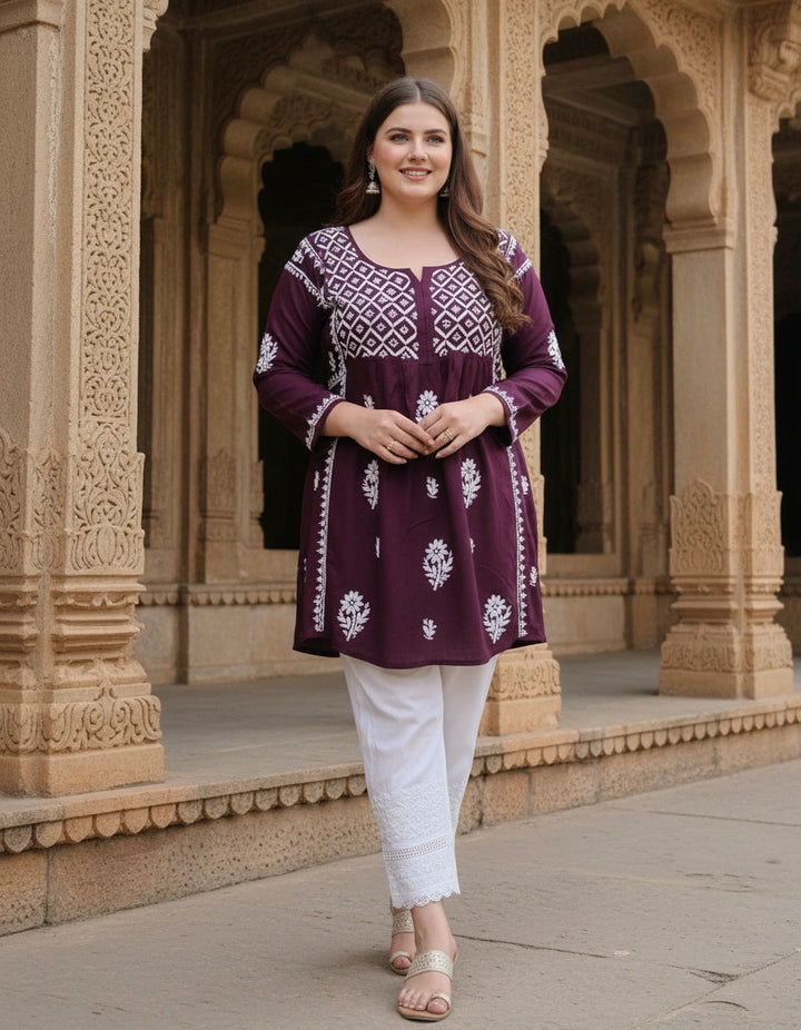 Wine Rayon Chikankari Short Kurta -Custom Made