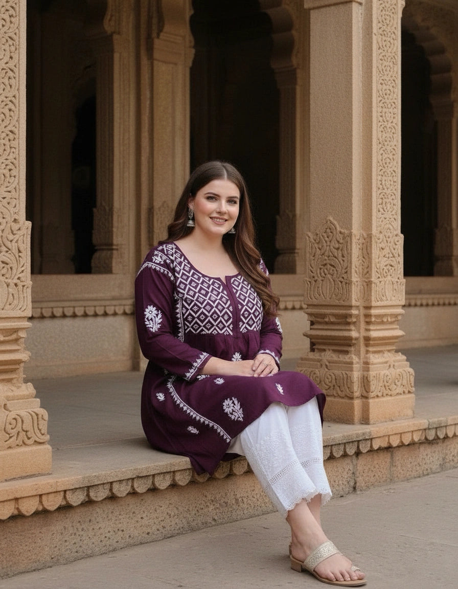 Wine Rayon Chikankari Short Kurta -Custom Made