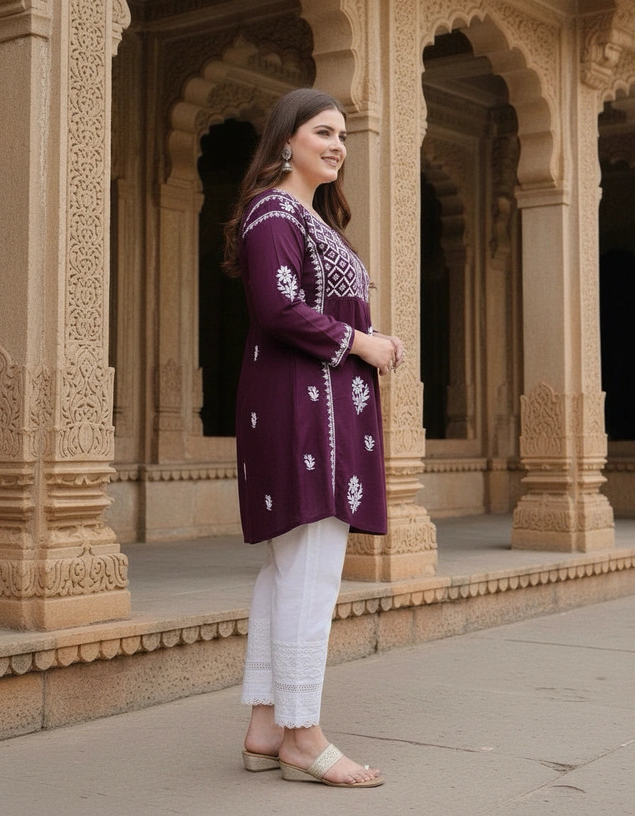 Wine Rayon Chikankari Short Kurta -Custom Made