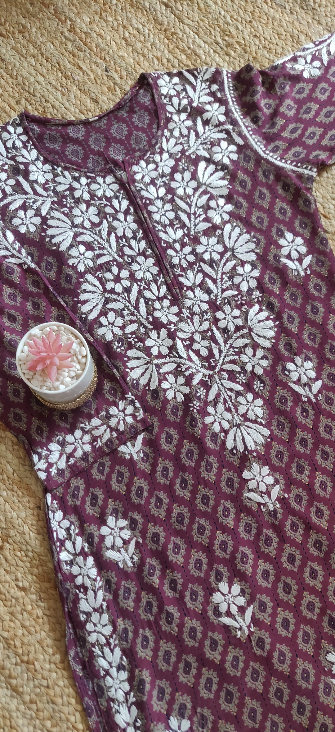 Wine Rayon Printed Chikankari kurta