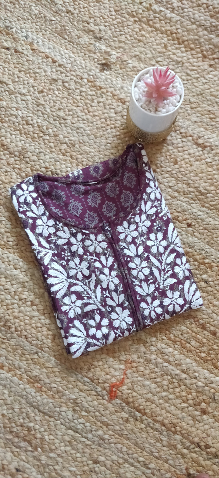 Wine Rayon Printed Chikankari kurta
