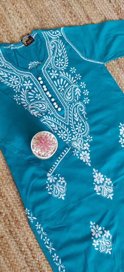 See Blue Cotton Chikankari Kurta