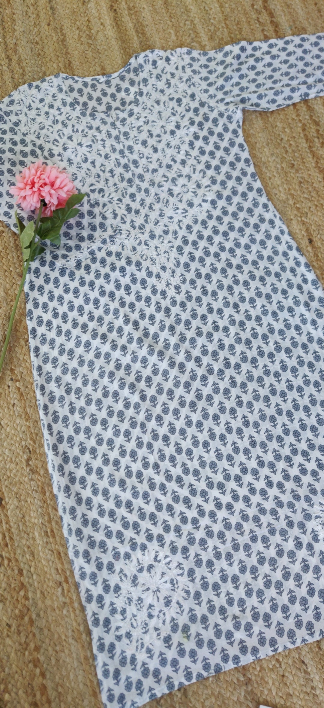 White and Grey Printed Cotton Chikankari Kurta