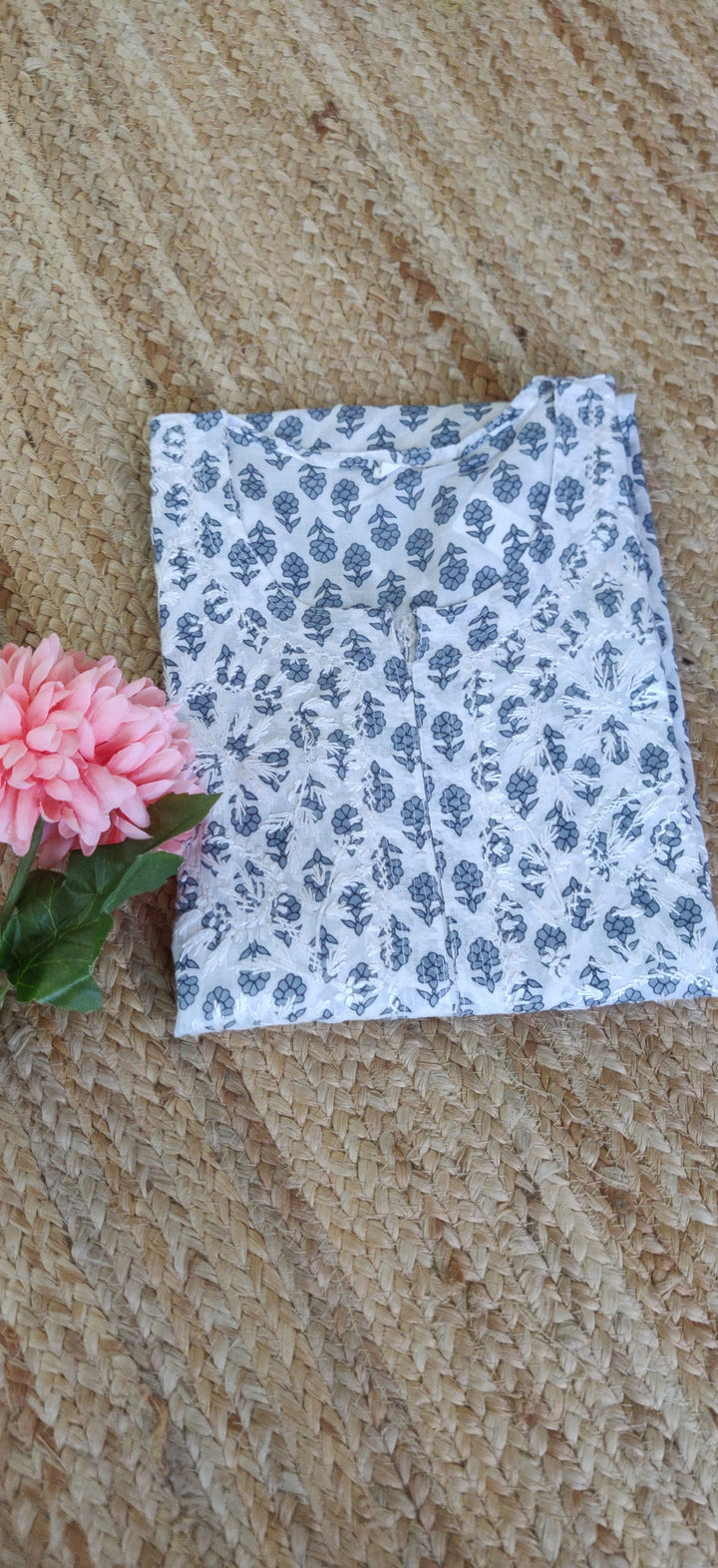 White and Grey Printed Cotton Chikankari Kurta