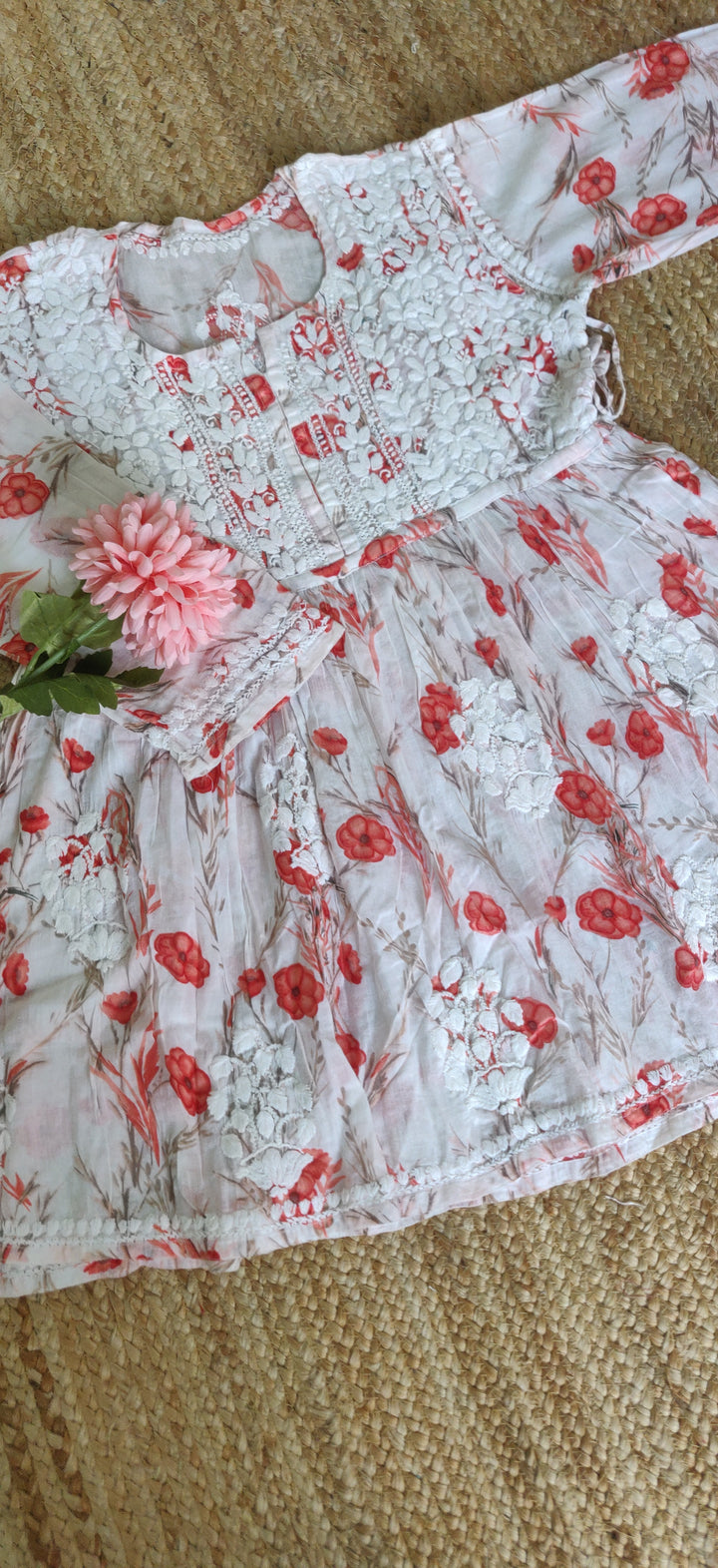 White Printed Cotton Chikankari Short kurta