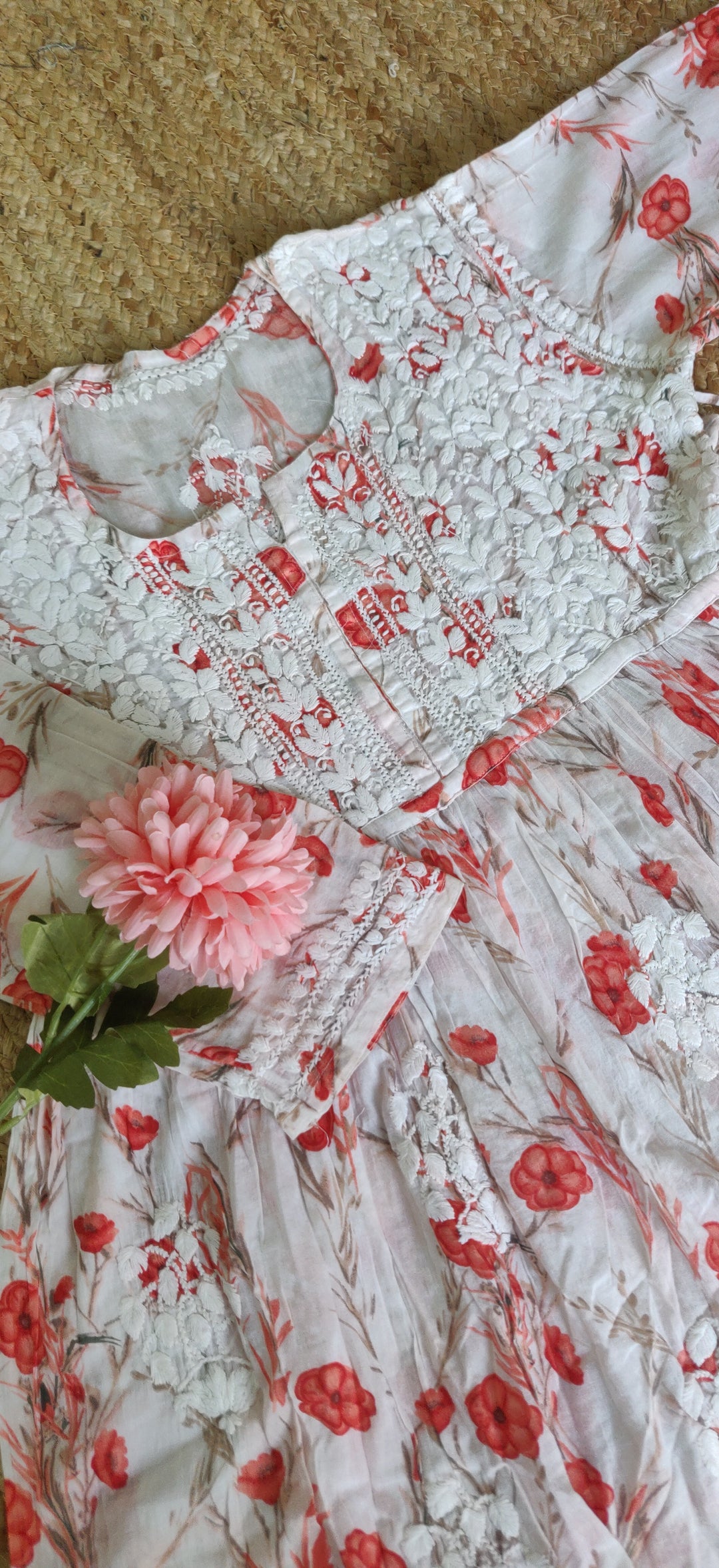 White Printed Cotton Chikankari Short kurta