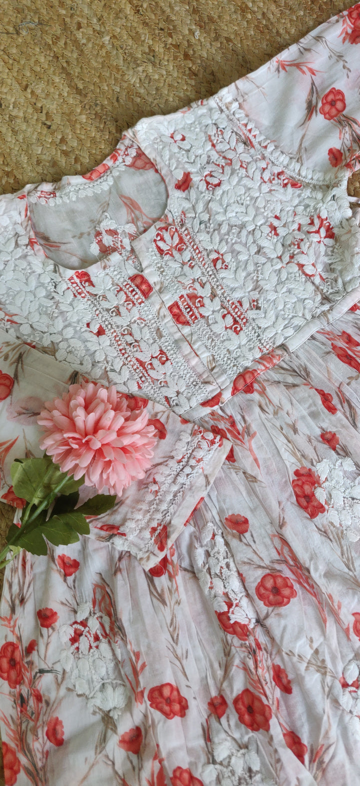 White Printed Cotton Chikankari Short kurta