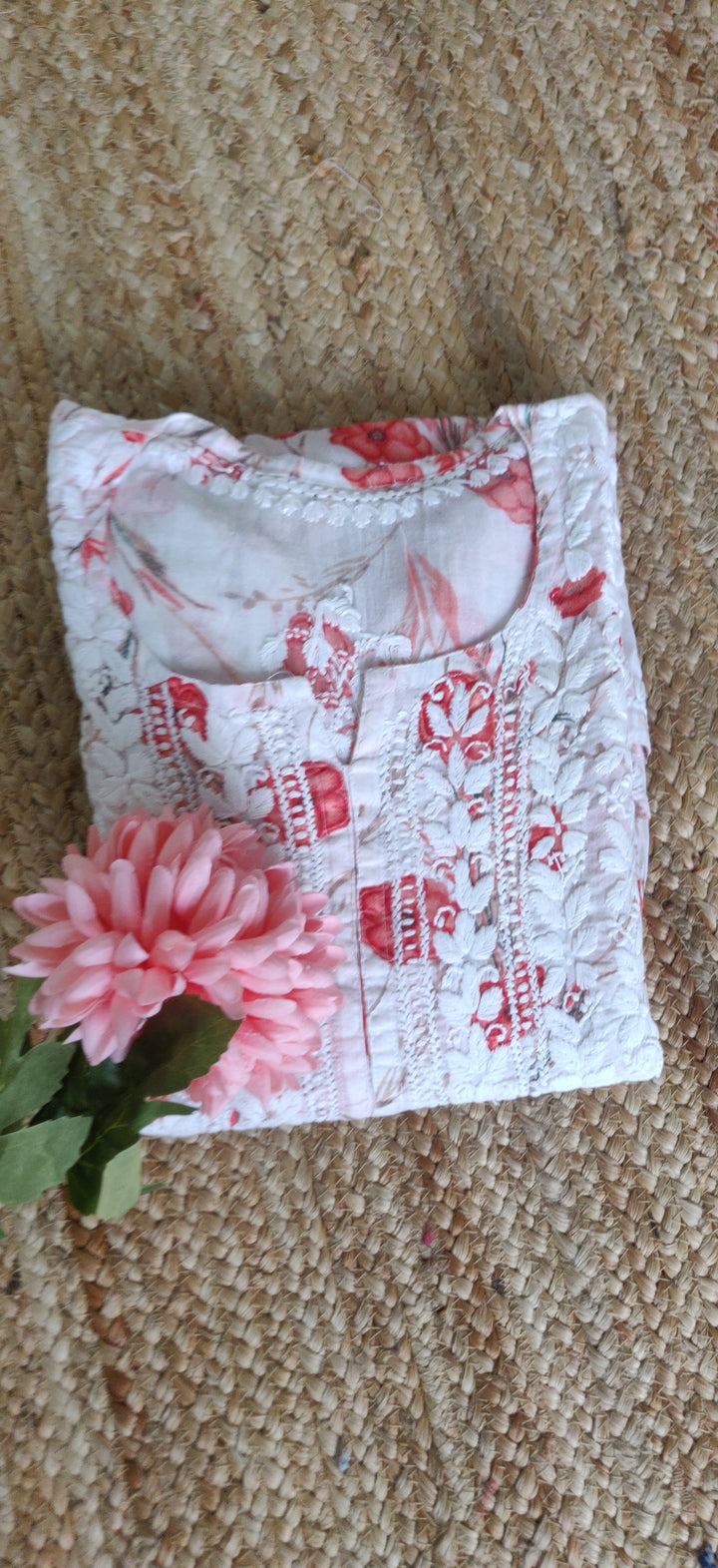White Printed Cotton Chikankari Short kurta