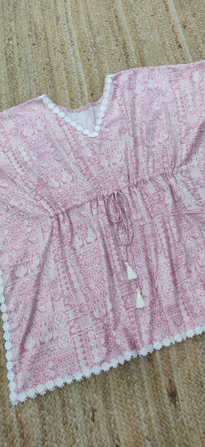 Light Pink Printed Cotton Short Kaftan Top