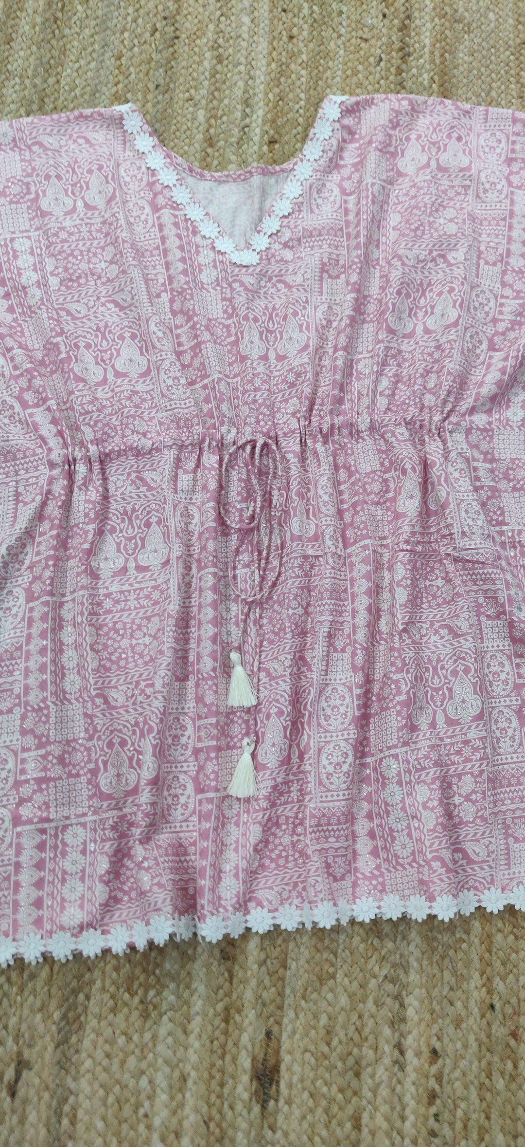 Light Pink Printed Cotton Short Kaftan Top