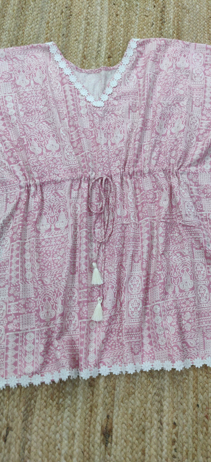 Light Pink Printed Cotton Short Kaftan Top