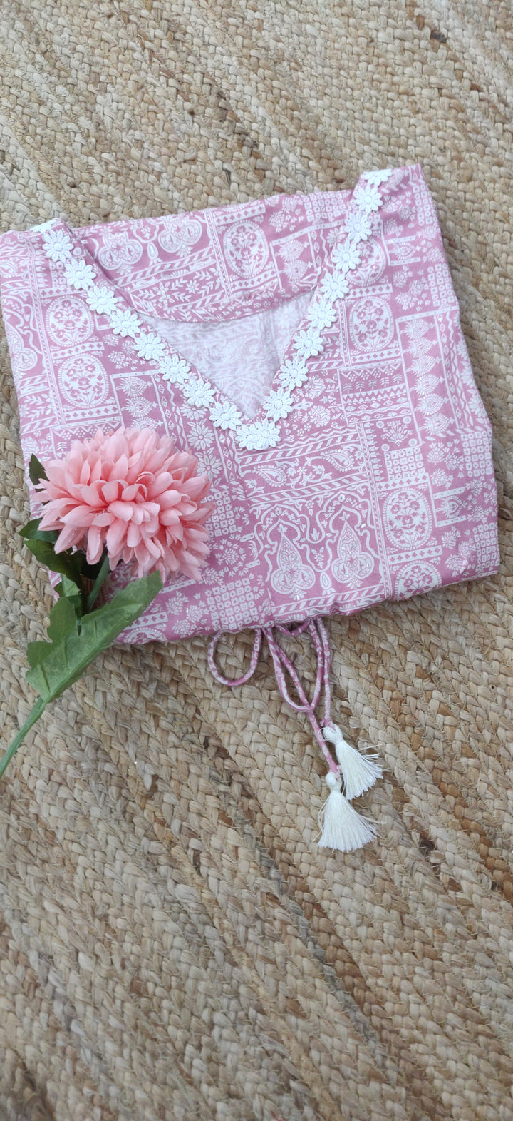 Light Pink Printed Cotton Short Kaftan Top