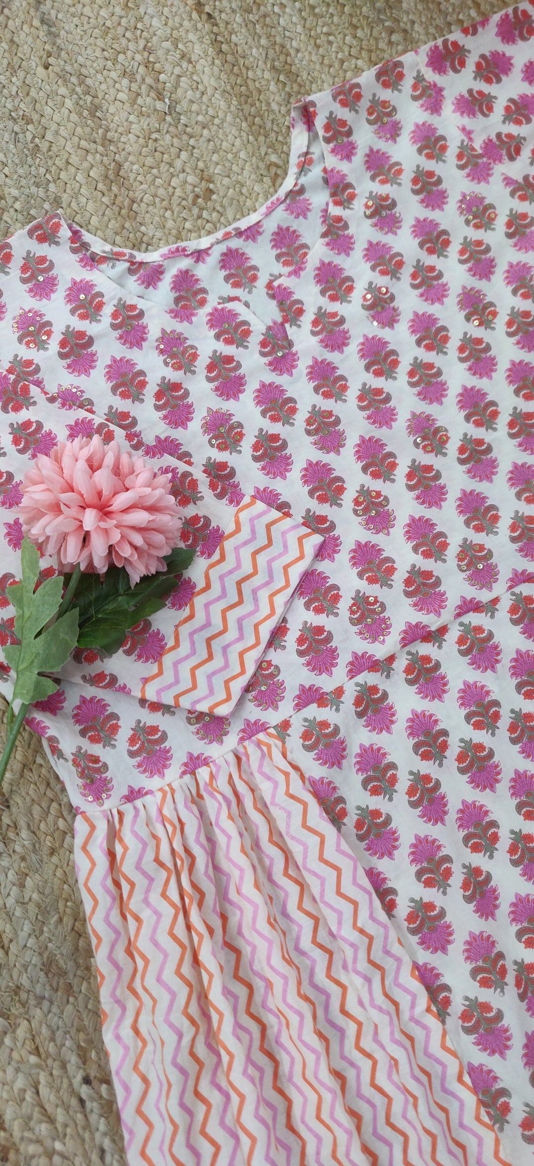 Off White Printed Cotton A-line Kurta