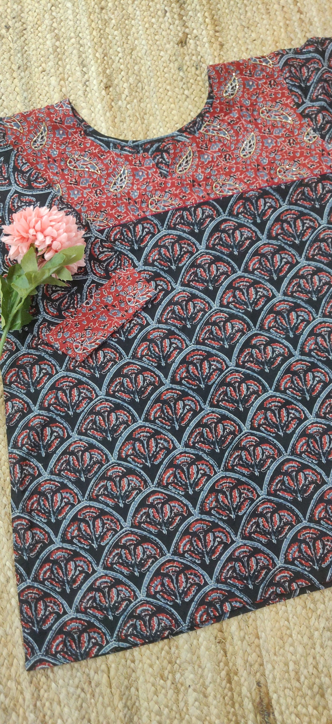 Black Printed Cotton Short kurta