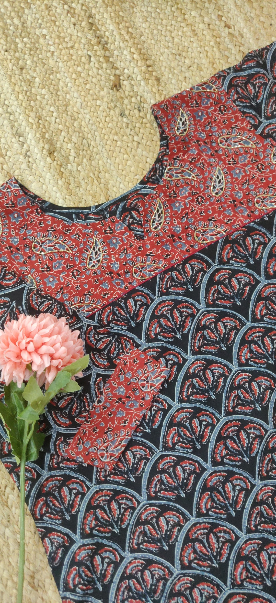 Black Printed Cotton Short kurta