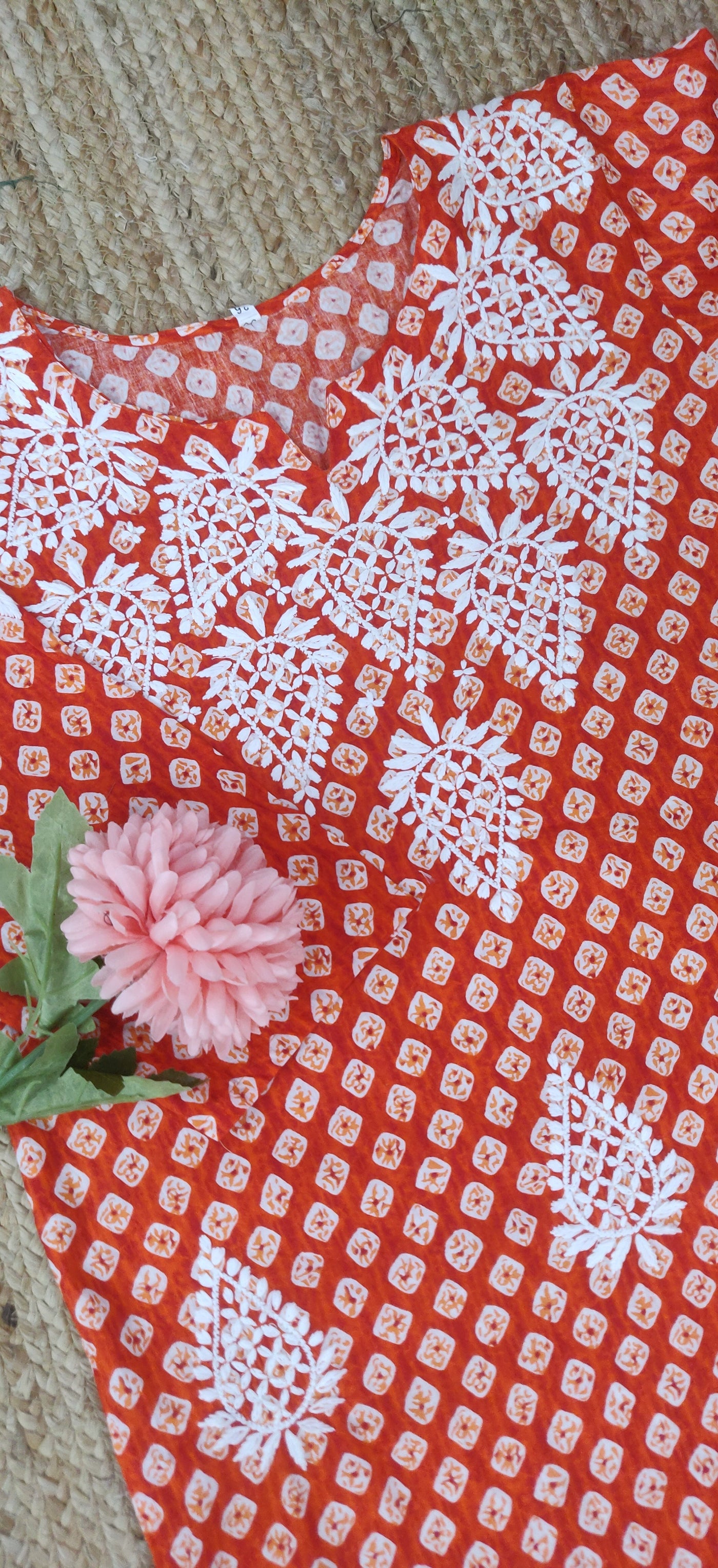 Orange Printed Cotton Chikankari Kurta