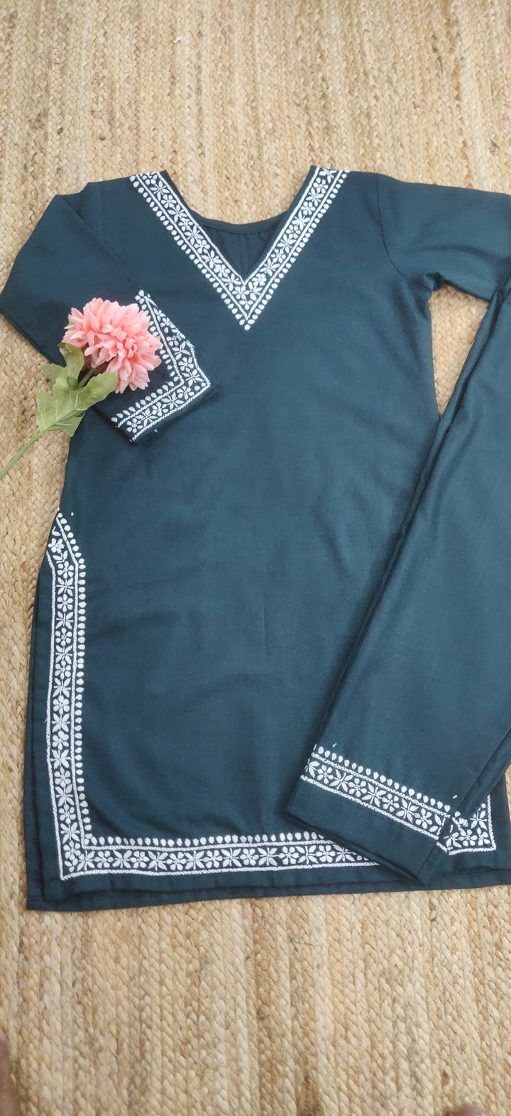 Linen Cotton Dark Green Chikankari Co-ord Set