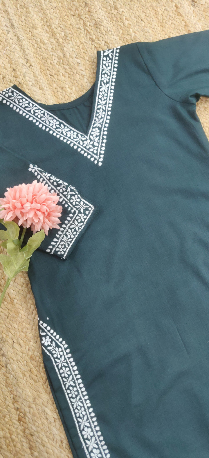 Linen Cotton Dark Green Chikankari Co-ord Set