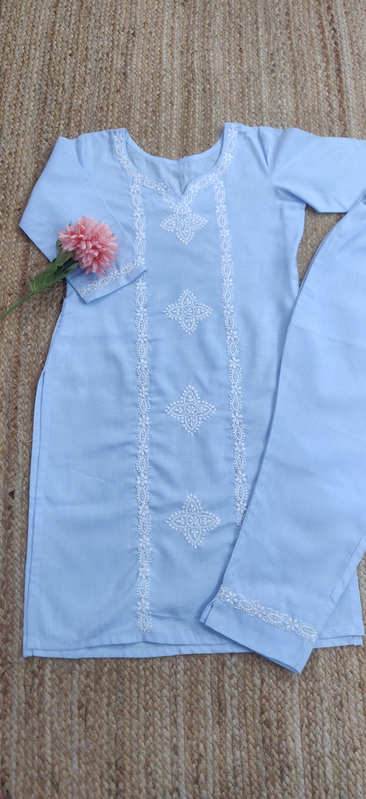 Linen Cotton Sky Blue Chikankari CO-ORD Set